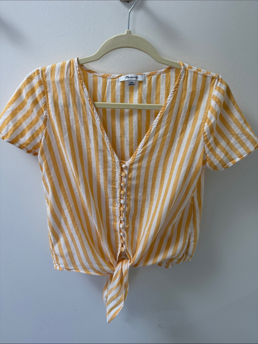 Madewell XXS Yellow and White Striped Tie-Front V-Neck Top